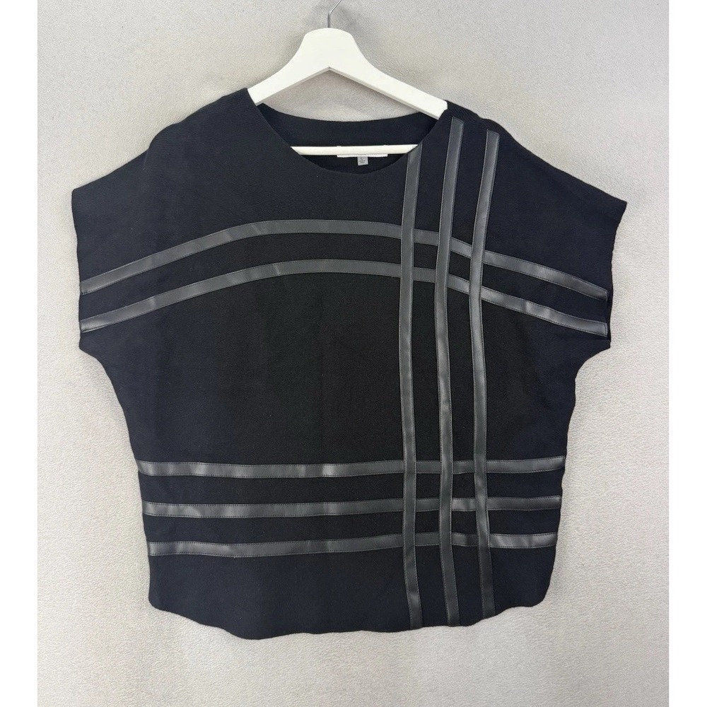 Siani Milano Black Faux Leather Stripe‎ Top Womens Large Chic Stretch Blouse